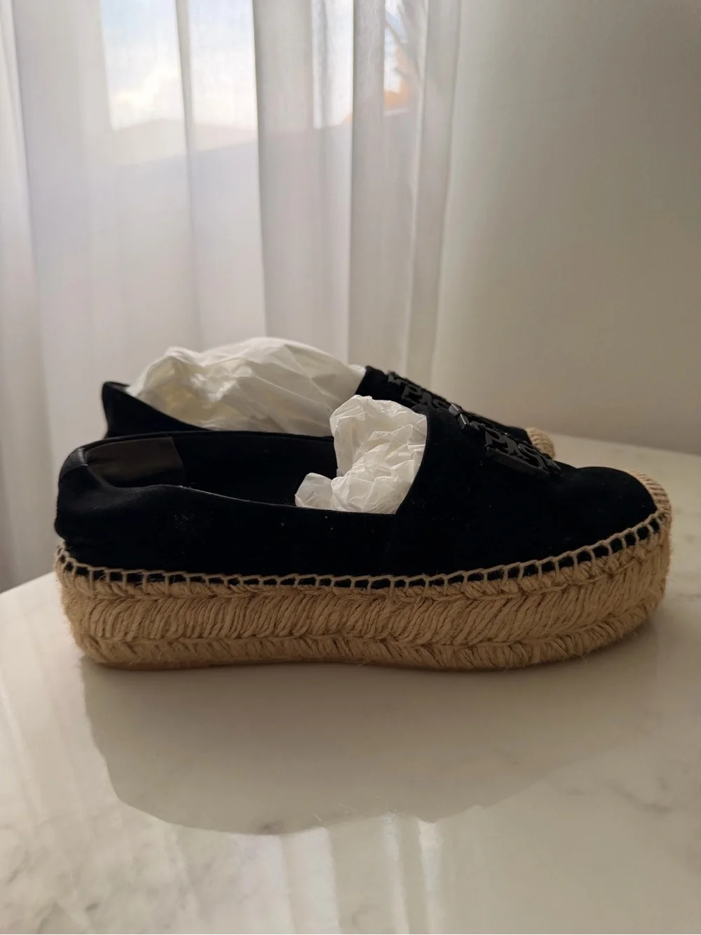 Tory Burch Black Suede Espadrille Platform Flats with Natural Jute
